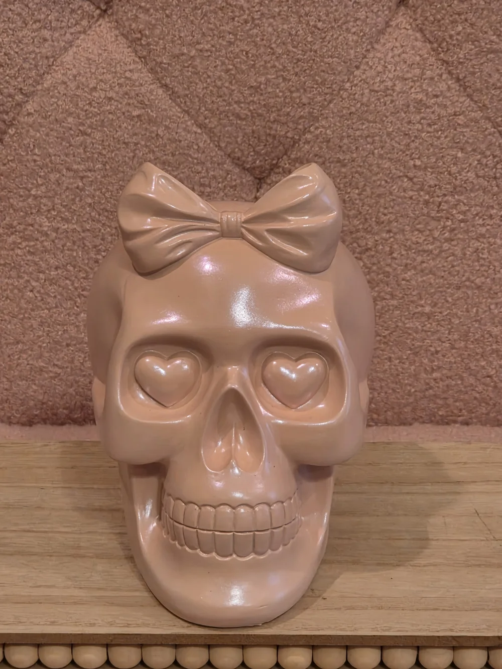 Bow Accent Heart-Eye Skull Figurine in Blush Pink